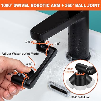 Faucet Extender, Spurtar 1080° + 360° Rotatable Multifunctional Extension Faucet, Universal Splash Filter Faucet, Faucet Extender for Bathroom Sink, Swivel Kitchen Faucet Aerator, Black,